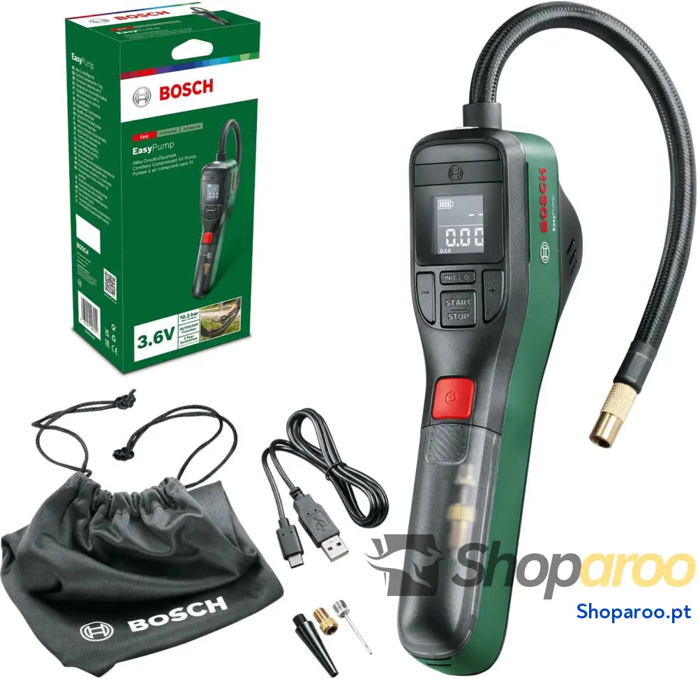 Bosch Inflador / mini bomba de ar elétrica EasyPump (bateria 3,0 Ah 3,6 V função Autostop 150 PSI 10,3 bares LED