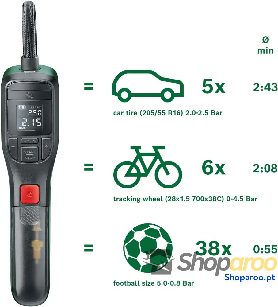 Bosch Inflador / mini bomba de ar elétrica EasyPump (bateria 3,0 Ah 3,6 V função Autostop 150 PSI 10,3 bares LED