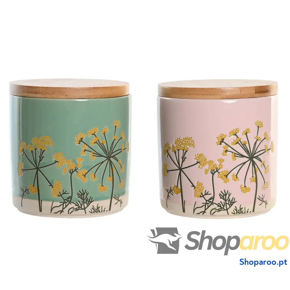 Bote DKD Home Decor 11,5 x 11,5 x 12 cm Floral Cor de Rosa Verde Bambu Grés Shabby Chic (2 Unidades)