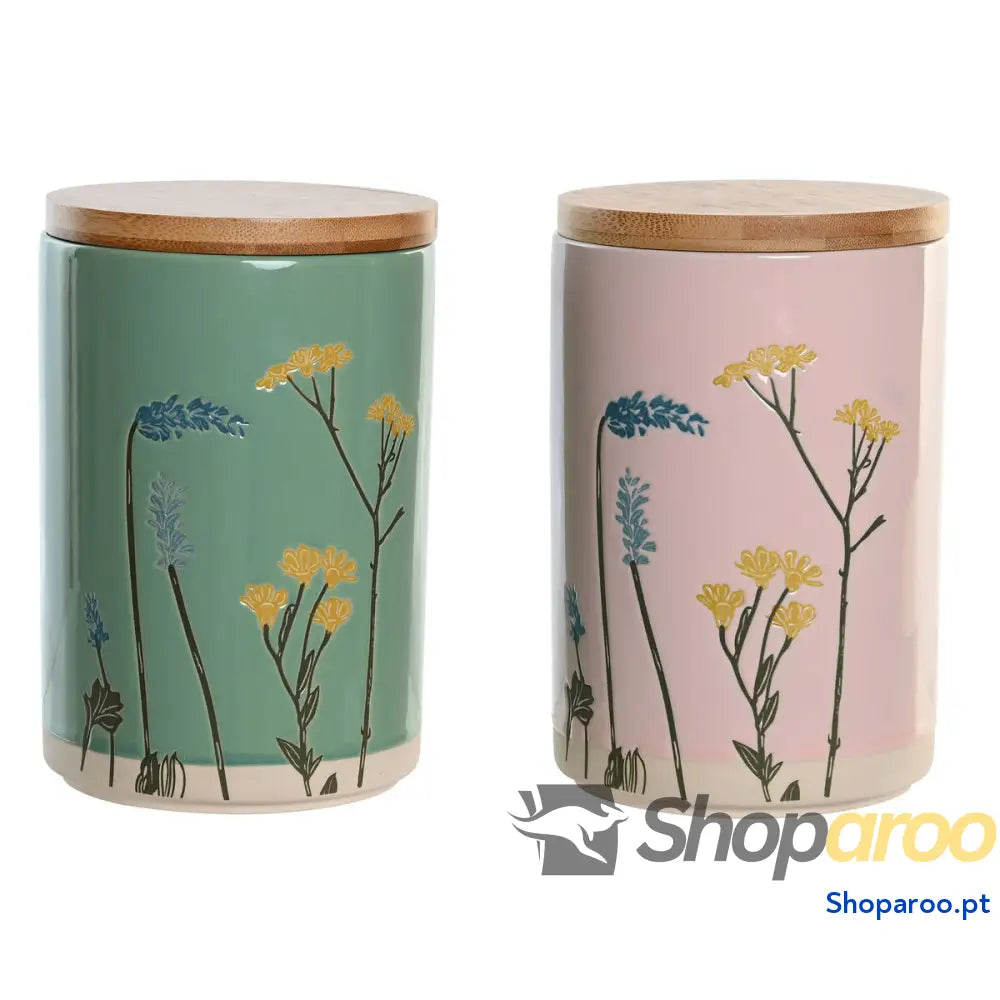 Bote DKD Home Decor 11,5 x 11,5 x 17,5 cm Floral Cor de Rosa Verde Bambu Grés Shabby Chic (2 Unidades)