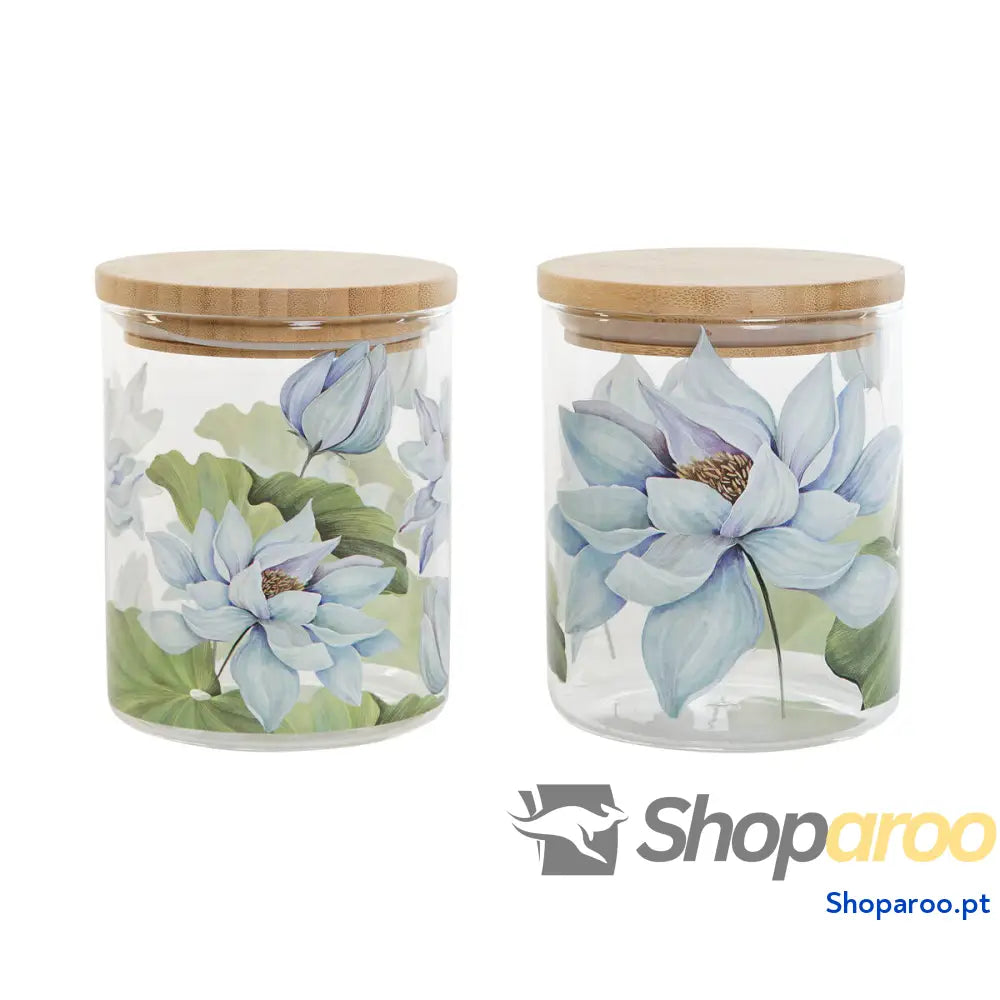 Bote DKD Home Decor Azul Branco Verde Natural Silicone Bambu Vidro de Borosilicato 700 ml 10 x 10 x 13 cm (2 Unidades)