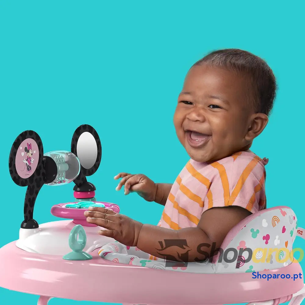 Bright Starts Disney Baby Minnie Mouse Tiny Trek Forever Besties 2 em 1 andarilho com estação de jogos removível luzes