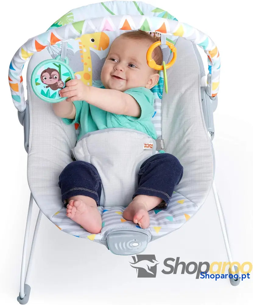 Bright Starts Vibrador de assento infantil barra brinquedos removível pés antiderrapantes 6 meses a 9 kg (Safari Fun)