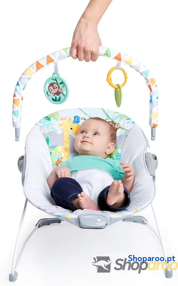 Bright Starts Vibrador de assento infantil barra brinquedos removível pés antiderrapantes 6 meses a 9 kg (Safari Fun)