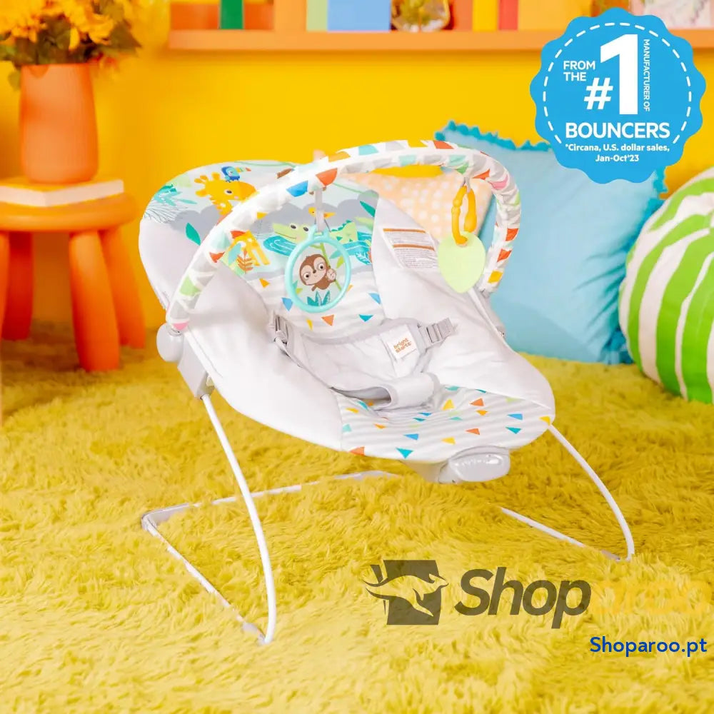 Bright Starts Vibrador de assento infantil barra brinquedos removível pés antiderrapantes 6 meses a 9 kg (Safari Fun)