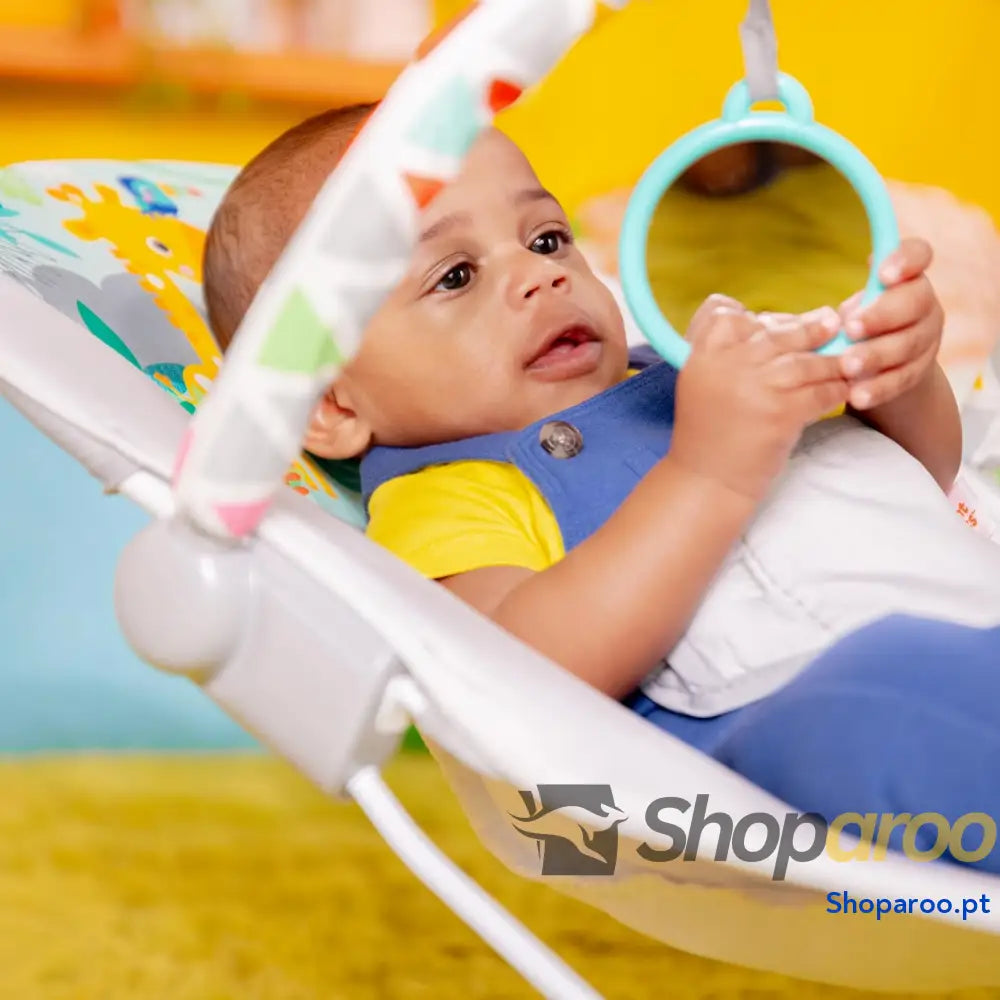 Bright Starts Vibrador de assento infantil barra brinquedos removível pés antiderrapantes 6 meses a 9 kg (Safari Fun)