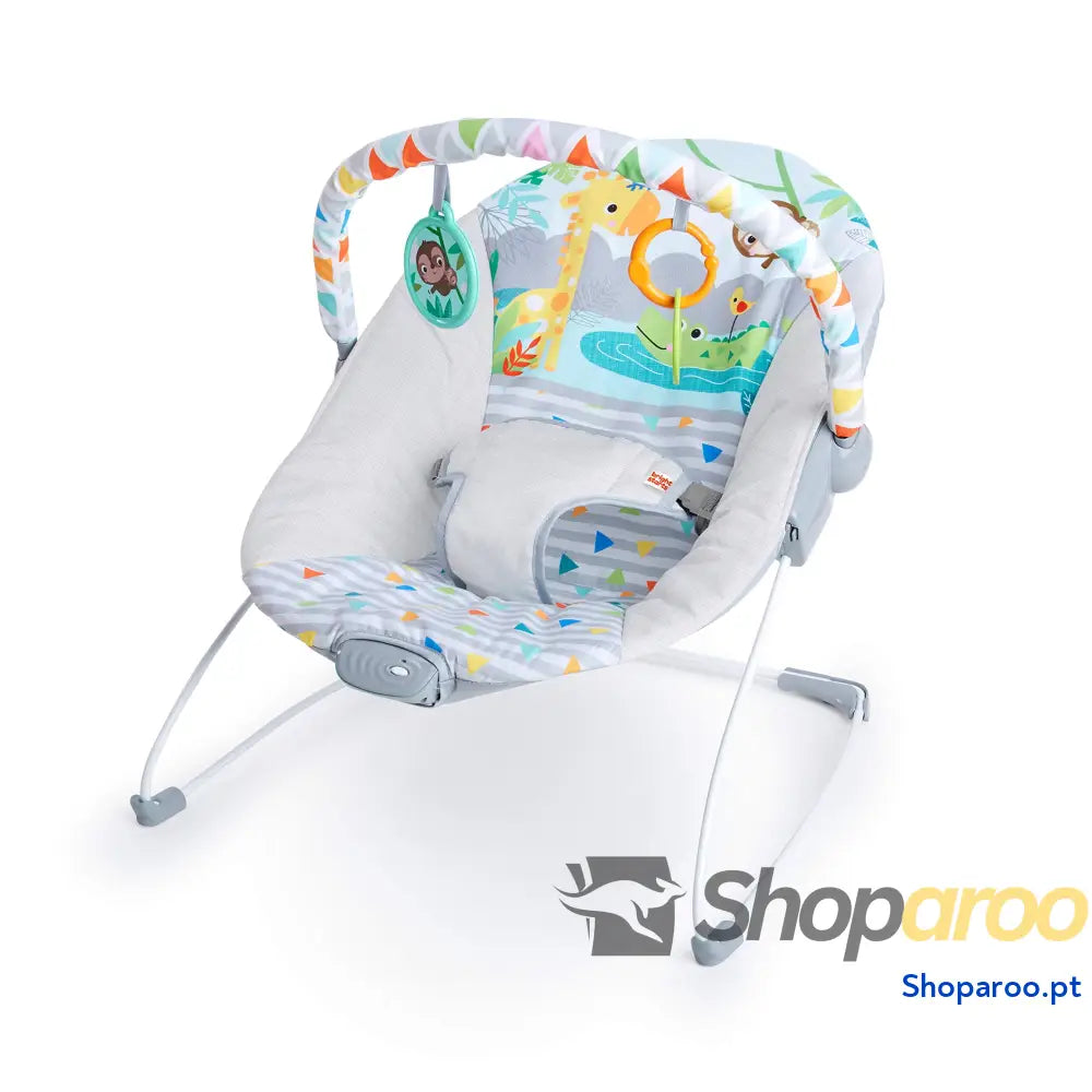 Bright Starts Vibrador de assento infantil barra brinquedos removível pés antiderrapantes 6 meses a 9 kg (Safari Fun)
