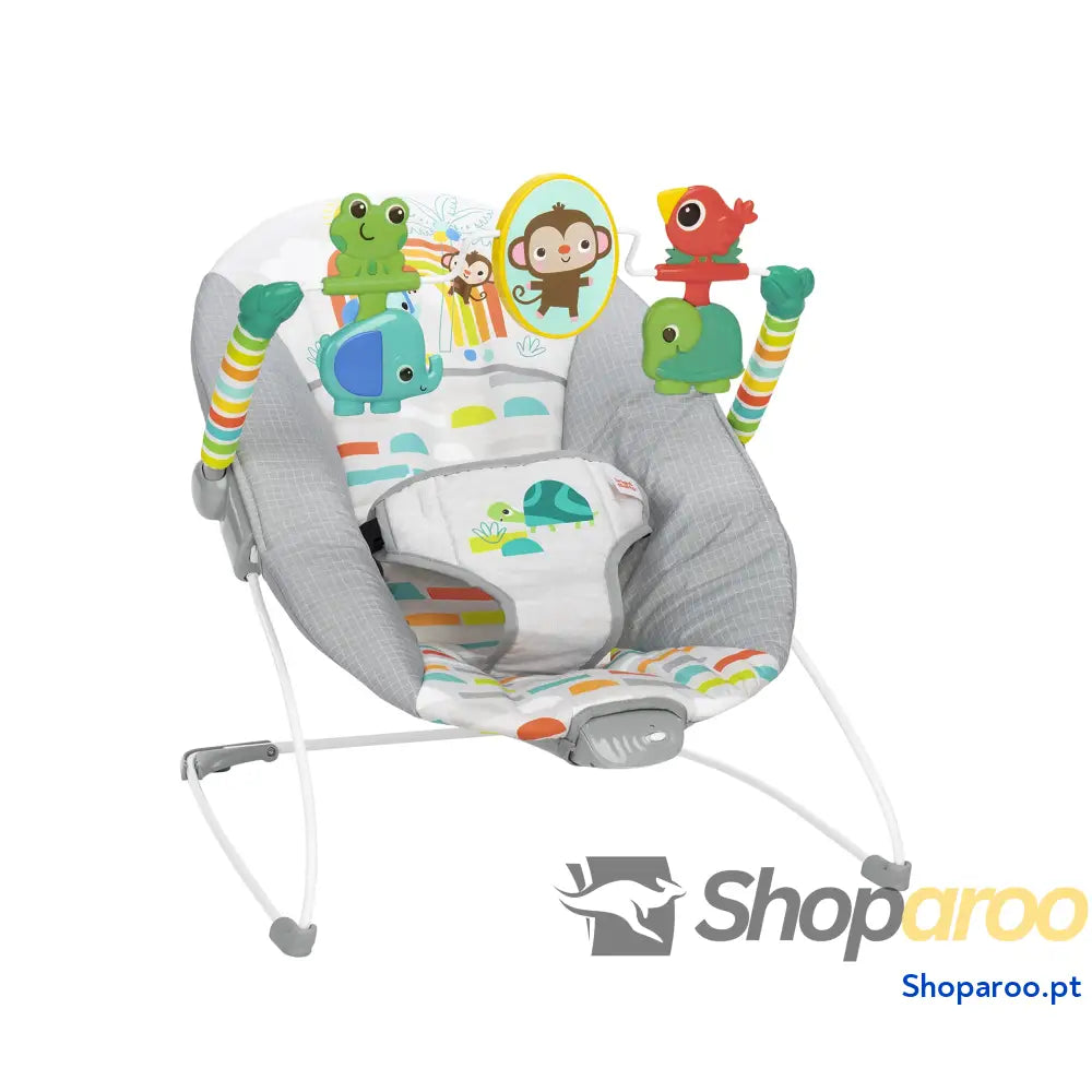 Bright Starts Vibrador de assento infantil barra brinquedos removível pés antiderrapantes 6 meses a 9 kg (Safari Fun)