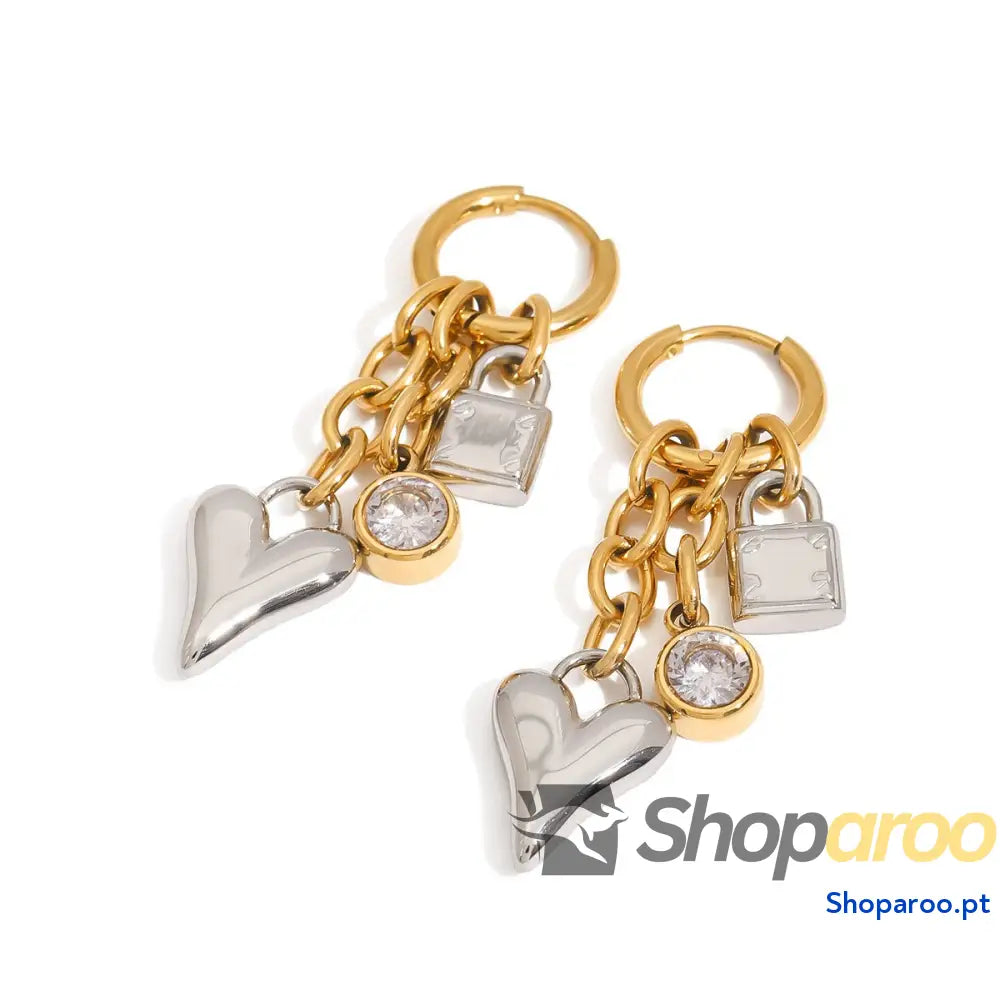 Brincos de Ouro 18K (banhados) Coração e Cadeado com Correntes Modernas
