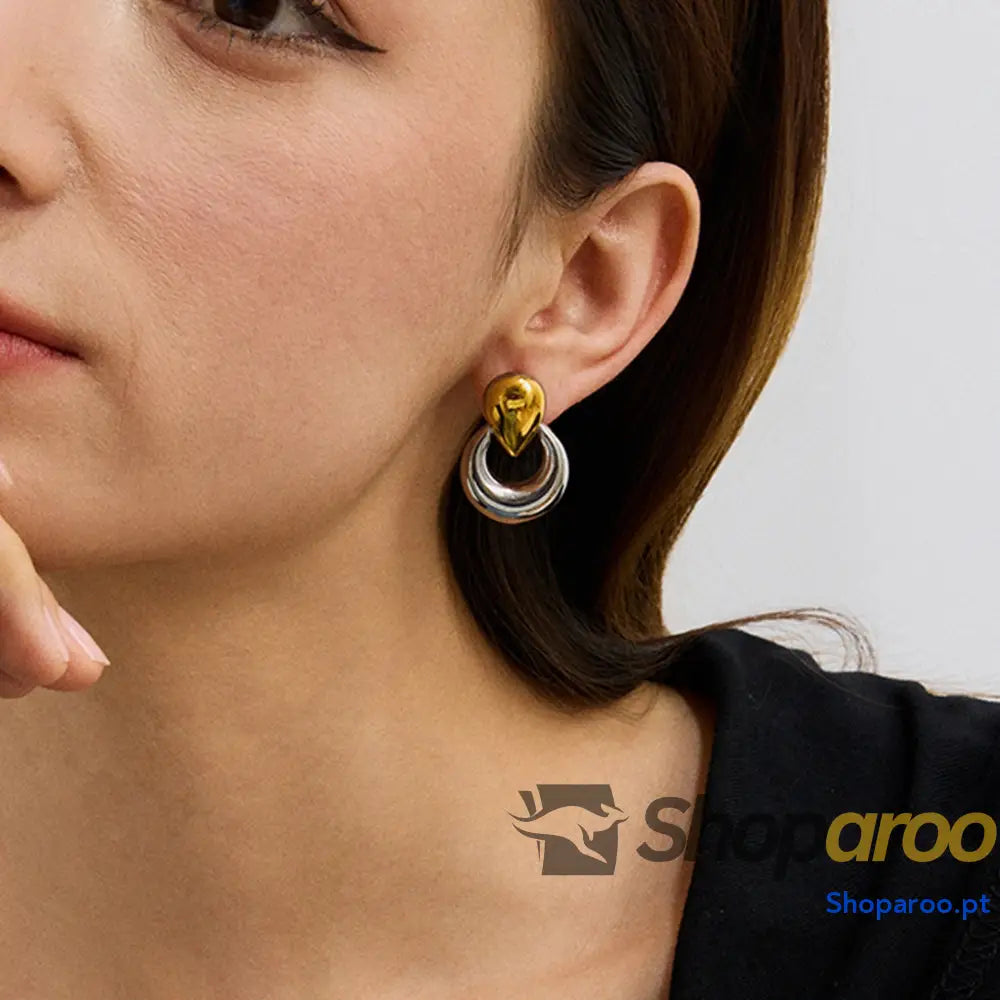 Brincos em Ouro 18K (banhado) Design Moderno Geométrico Dourado e Prateado