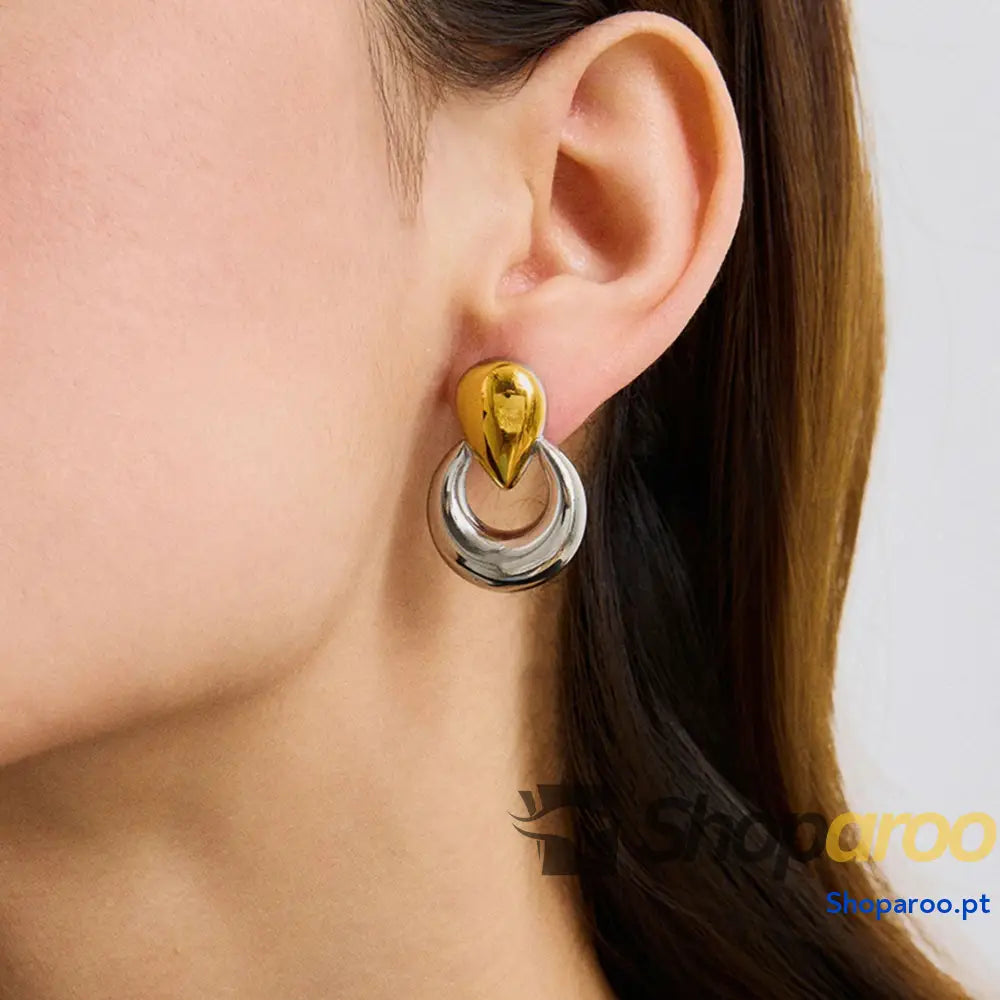 Brincos em Ouro 18K (banhado) Design Moderno Geométrico Dourado e Prateado