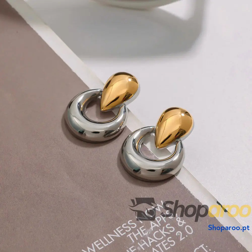 Brincos em Ouro 18K (banhado) Design Moderno Geométrico Dourado e Prateado