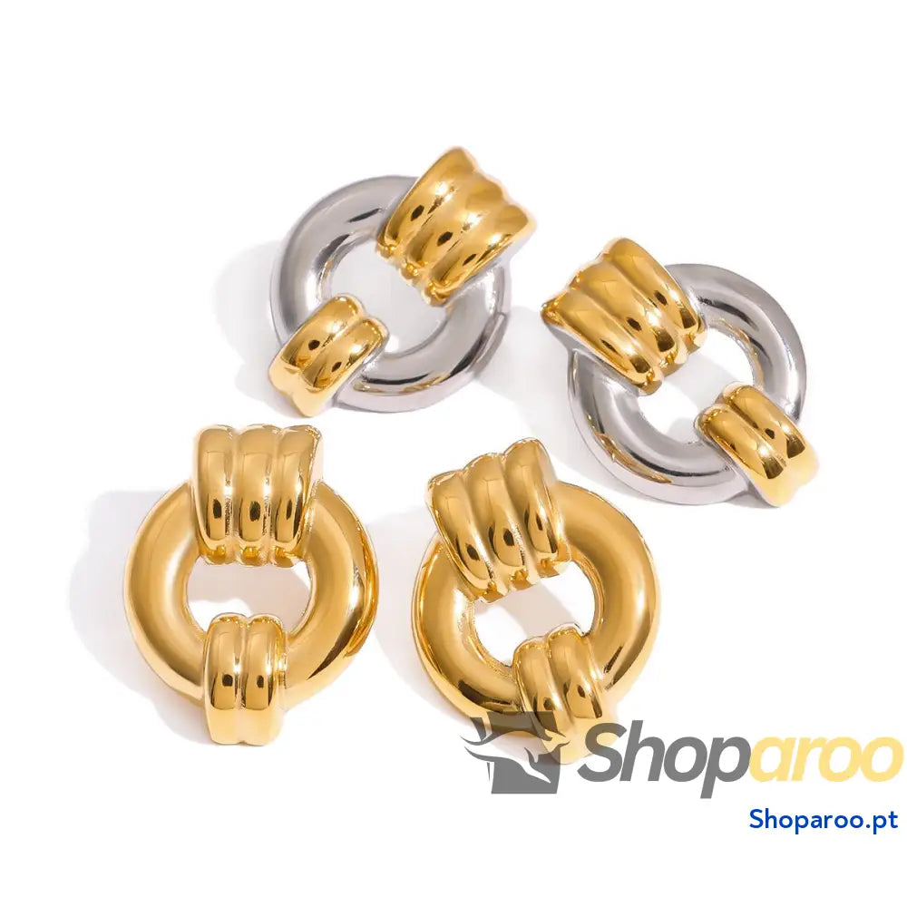 Brincos ocos redondos em ouro 18K (banhados) com design listrado moderno