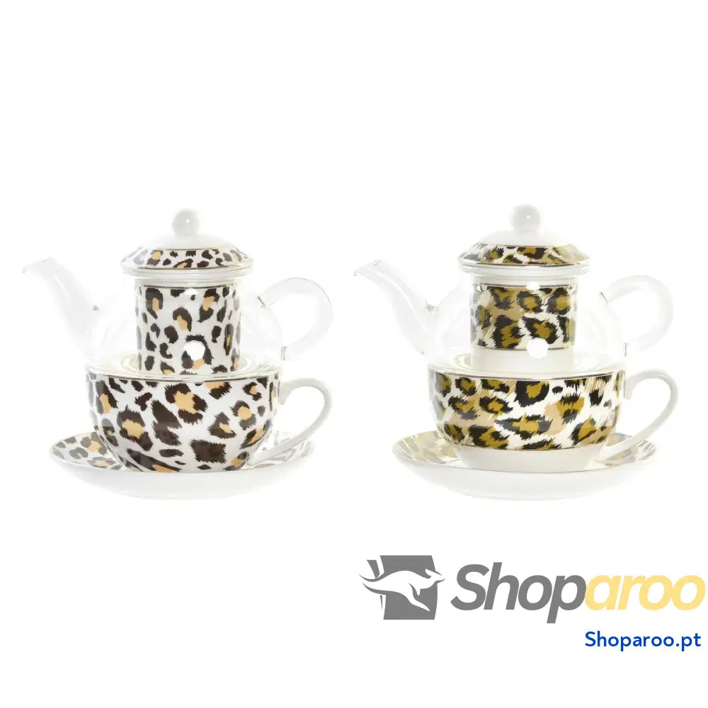 Bule DKD Home Decor Leopardo Cristal Porcelana Castanho Transparente Branco (2 Unidades)