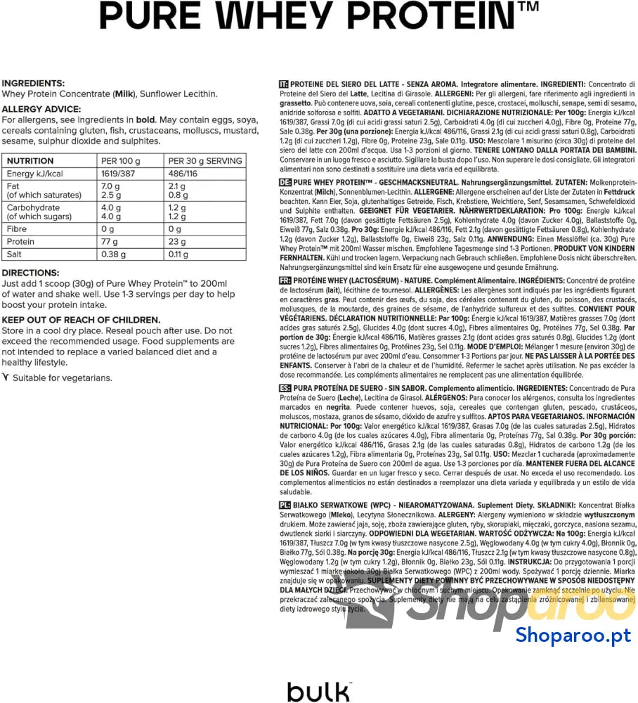 Bulk Pure Whey Protein 500 g 16 doses produto rico em proteínas baixo teor de açúcar absorção rápida sem adição sabores