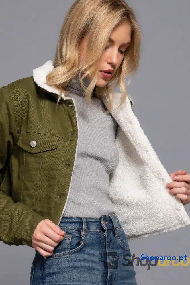 Button Closure Sherpa-lined Twill Jacket