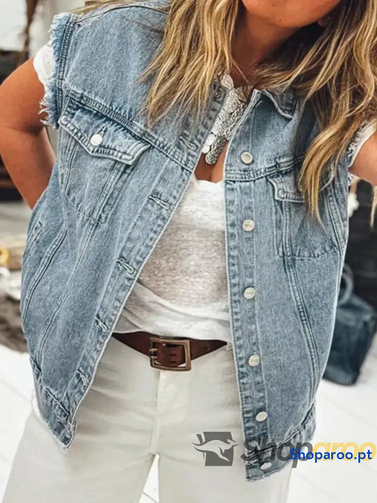 Button Flap Pocket Frayed Detail Denim Vest