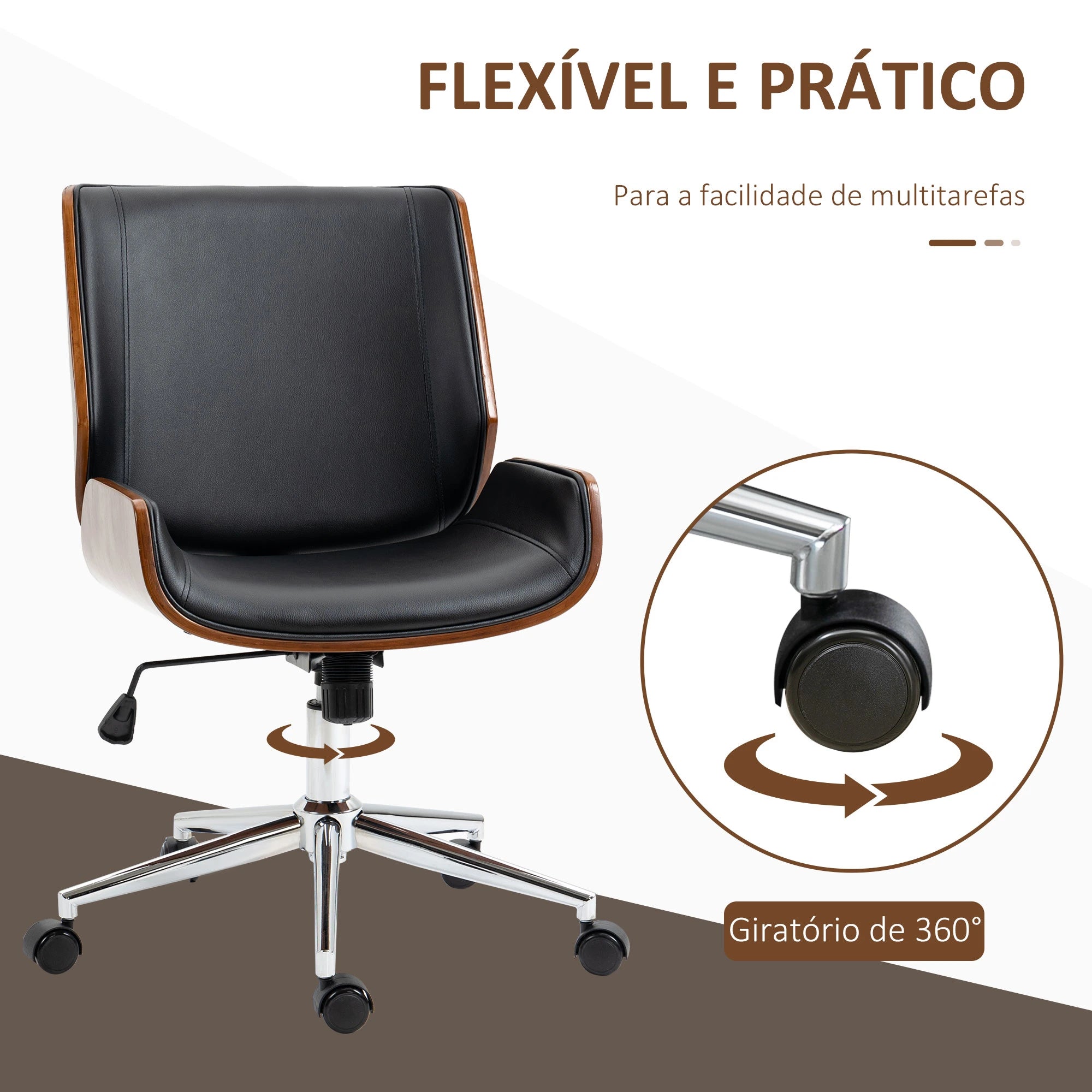 Cadeira de Escritório Operativa Giratória em PU com Altura Ajustável Função Inclinação 51x65,5x82-92cm Preto