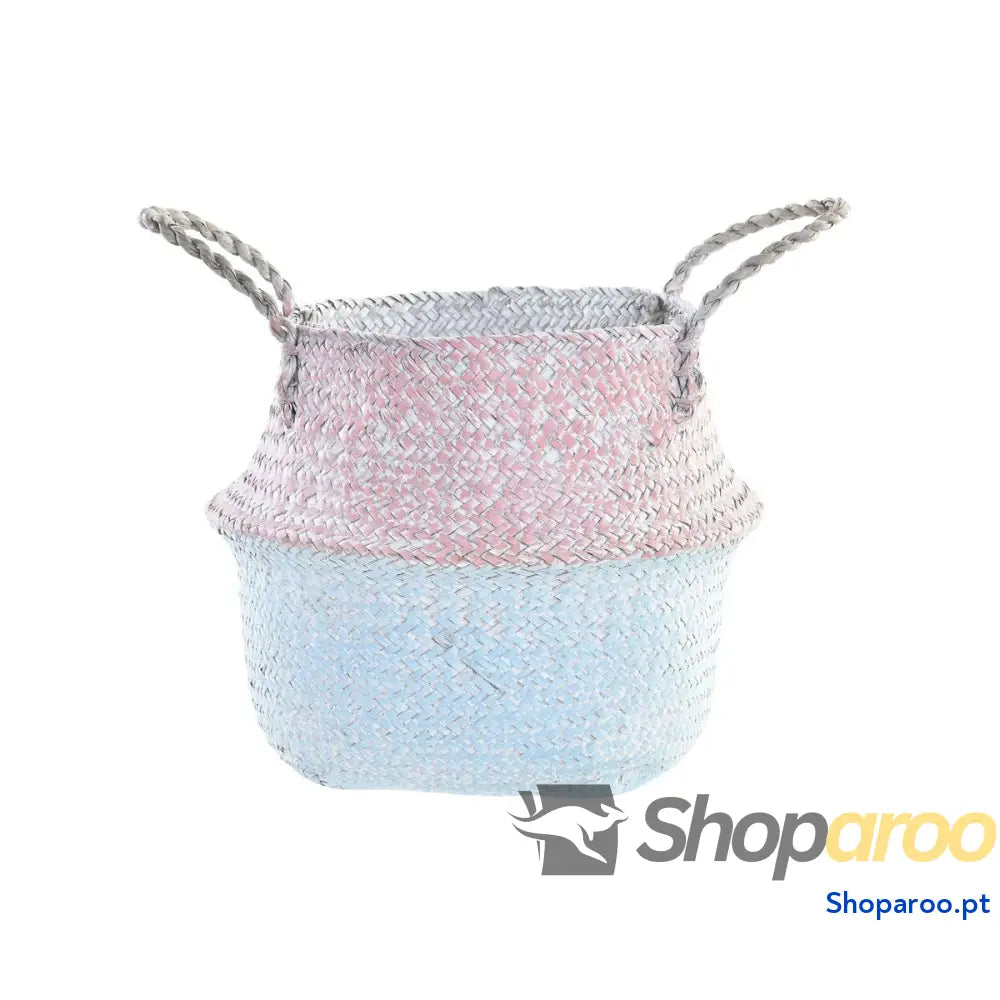 Cabaz DKD Home Decor Cor de Rosa Azul celeste Duas cores Fibra natural Mediterrâneo 25 x 25 x 25 cm