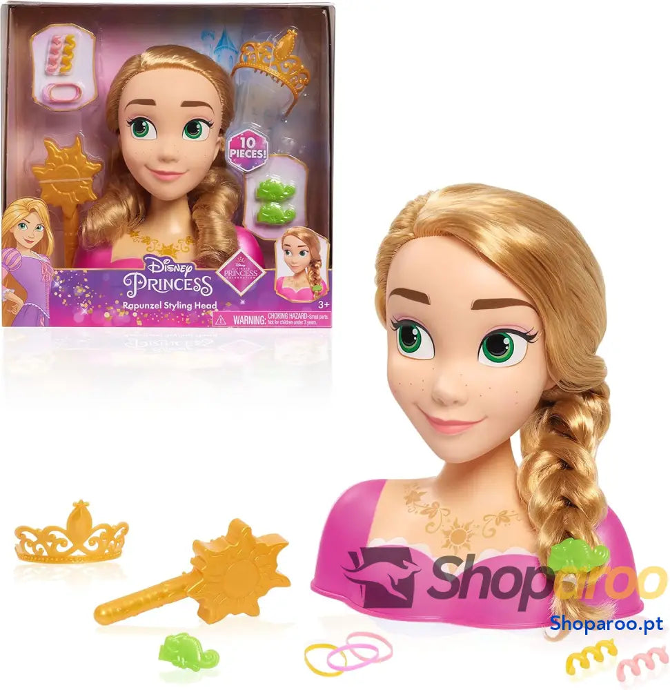 Cabeça para penteados princesa Rapunzel da Disney de cabelo loiro conjunto simulação 10 peças emaranhado brinquedos