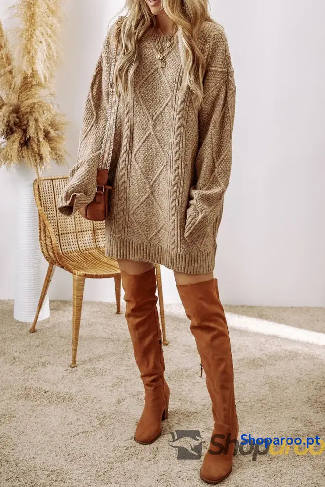 Cable-Knit Round Neck Sweater Dress