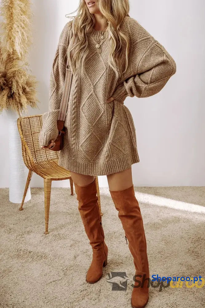Cable-Knit Round Neck Sweater Dress