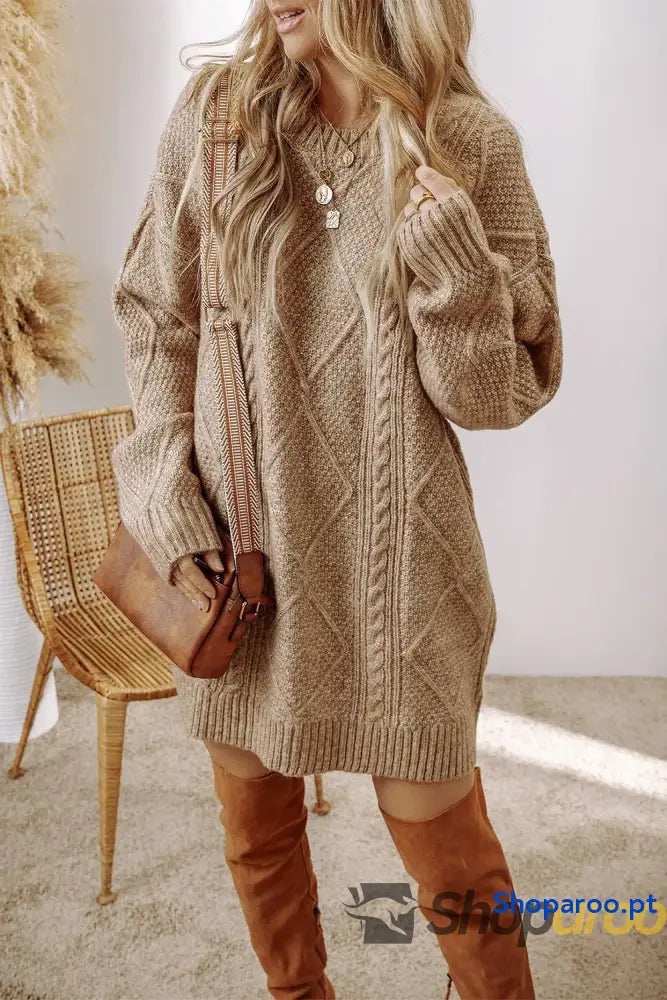 Cable-Knit Round Neck Sweater Dress