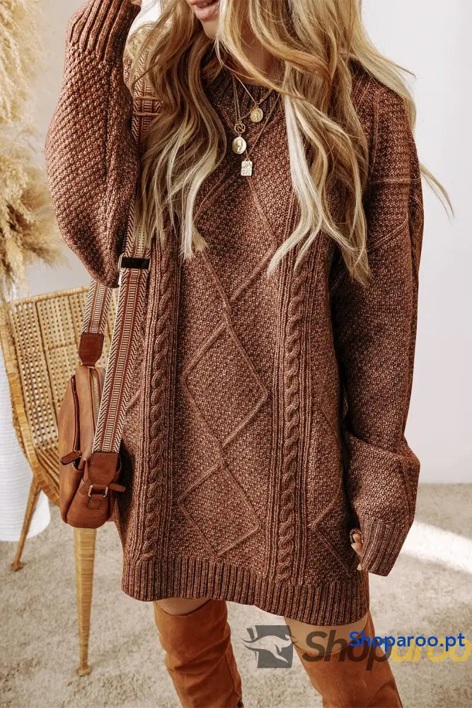 Cable-Knit Round Neck Sweater Dress