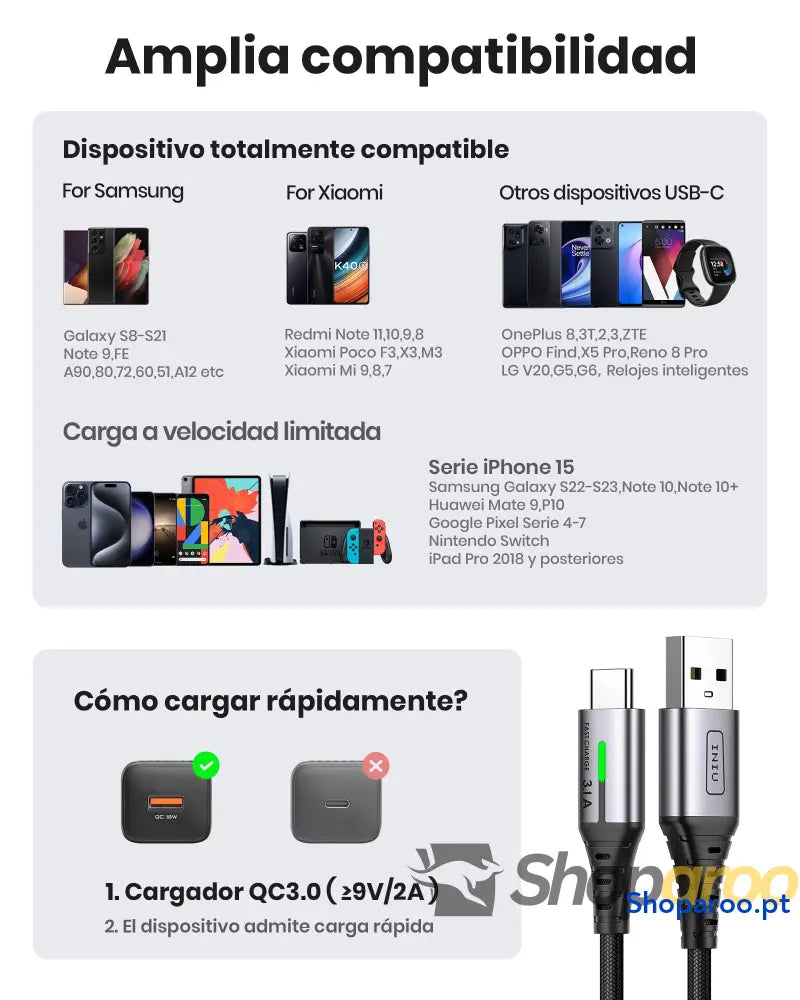 Cabo USB A C INIU [2 m] QC 3,0 e 3,1 Carregamento rápido liga trançada de nylon tipo Carregador compatível com iPhone