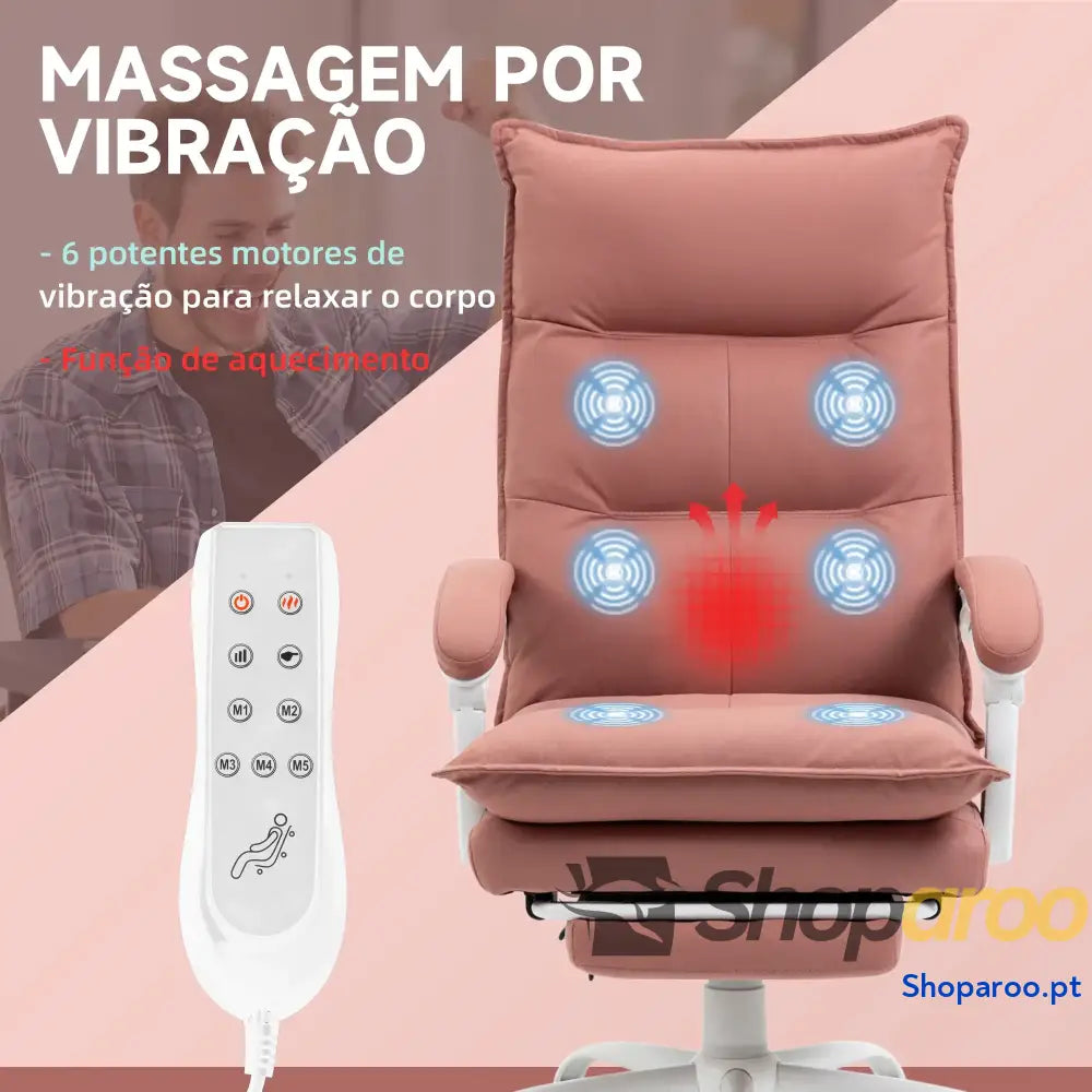 Cadeira de Escritório com 6 Pontos Massagem e 5 Modos Reclinável Função Aquecimento 66x74x114-121,5 cm Rosa