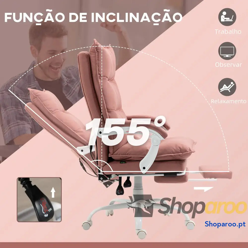 Cadeira de Escritório com 6 Pontos Massagem e 5 Modos Reclinável Função Aquecimento 66x74x114-121,5 cm Rosa