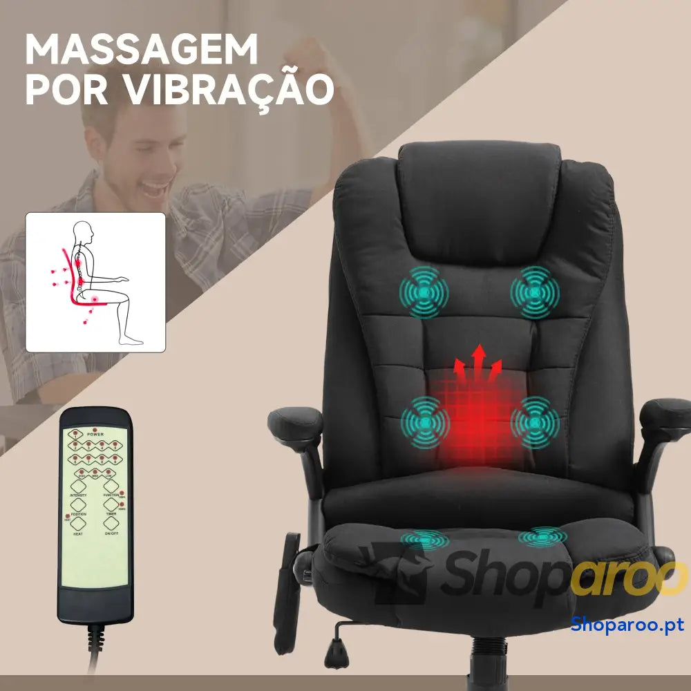 Cadeira de Escritório com 6 Pontos Massagem Reclinável até 130° Função Aquecimento 68x72x110-120 cm Preto