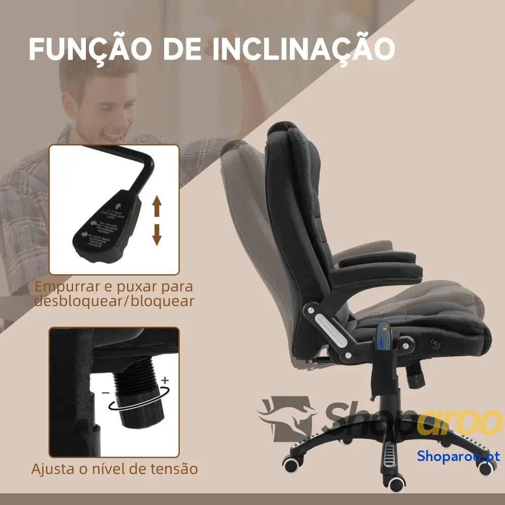 Cadeira de Escritório com 6 Pontos Massagem Reclinável até 130° Função Aquecimento 68x72x110-120 cm Preto