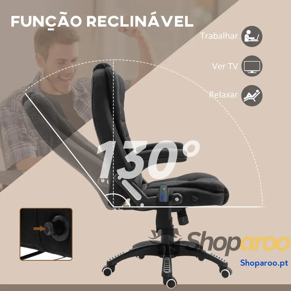Cadeira de Escritório com 6 Pontos Massagem Reclinável até 130° Função Aquecimento 68x72x110-120 cm Preto