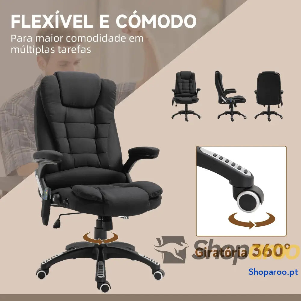 Cadeira de Escritório com 6 Pontos Massagem Reclinável até 130° Função Aquecimento 68x72x110-120 cm Preto