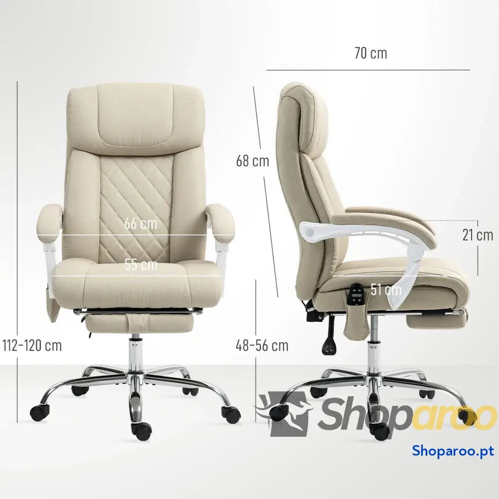 Cadeira de Escritório com Massagem Reclinável Aquecimento Apoio para Pés e Controlo Remoto 66x70x112-120 cm Bege