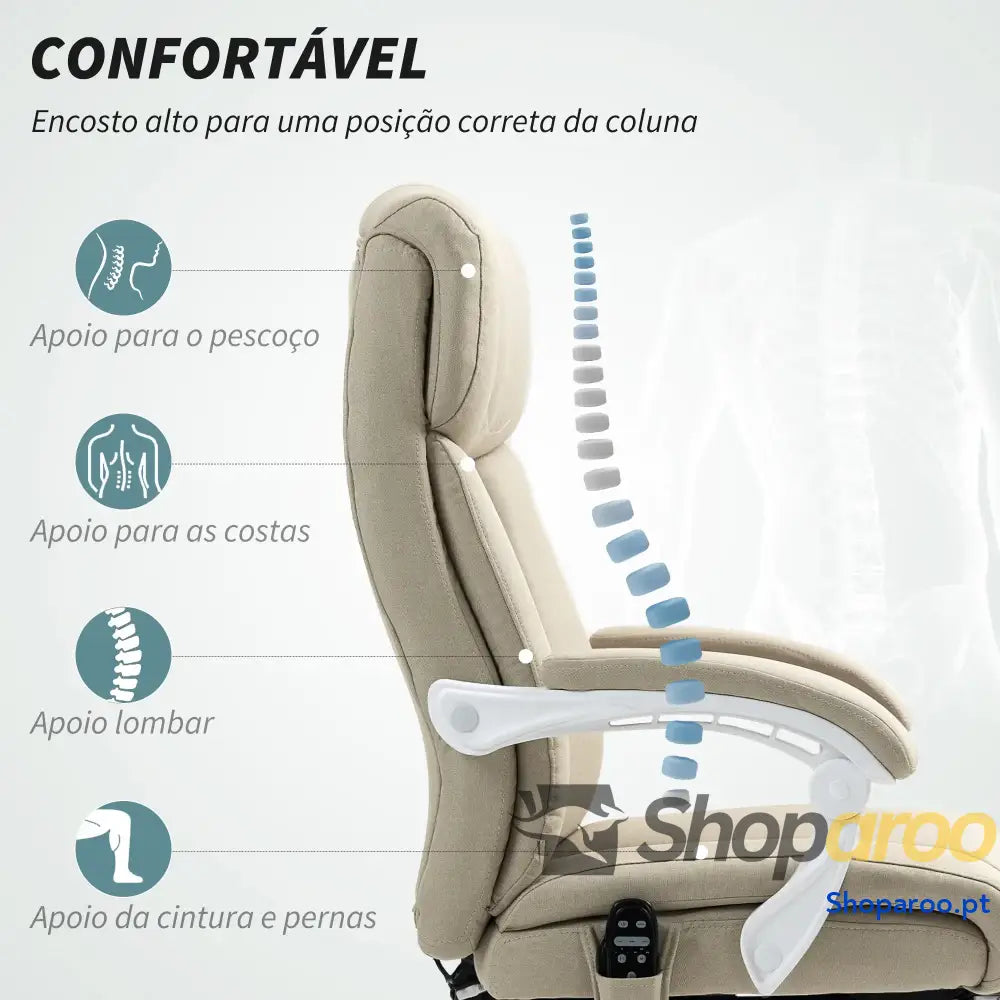 Cadeira de Escritório com Massagem Reclinável Aquecimento Apoio para Pés e Controlo Remoto 66x70x112-120 cm Bege