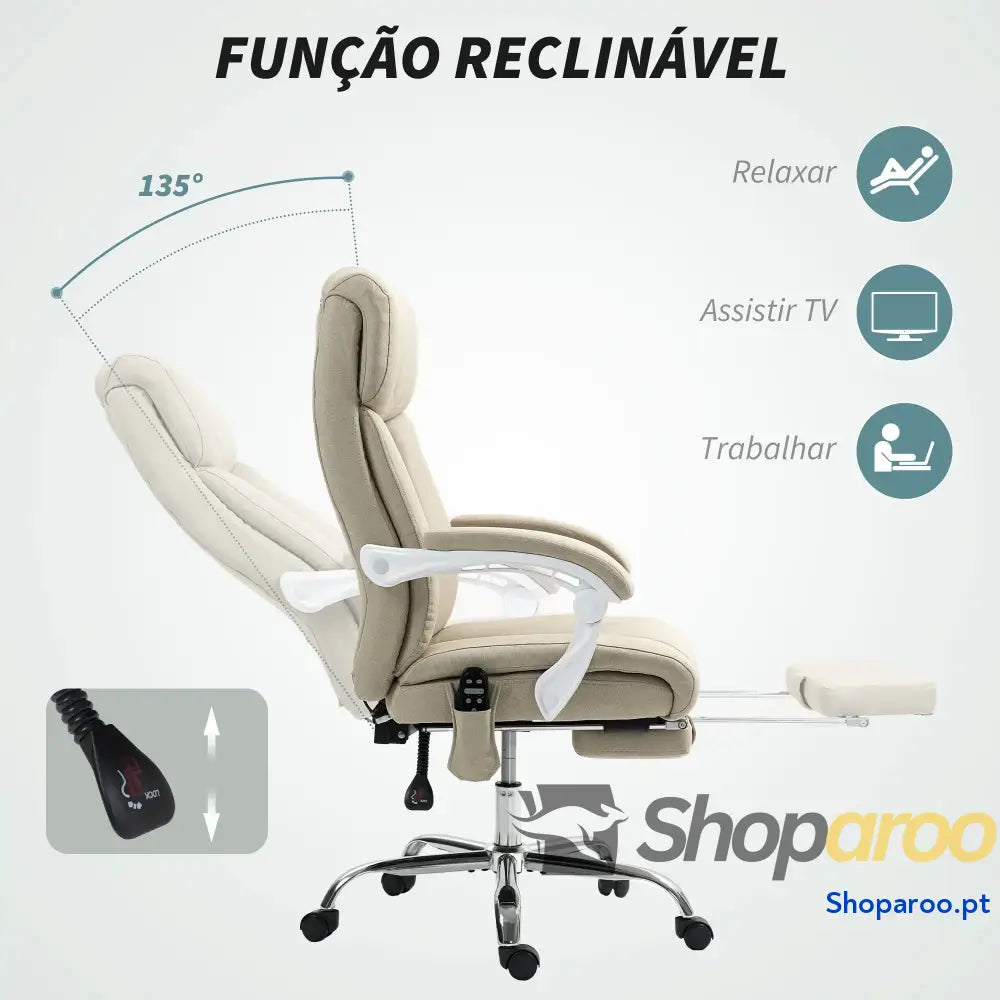 Cadeira de Escritório com Massagem Reclinável Aquecimento Apoio para Pés e Controlo Remoto 66x70x112-120 cm Bege