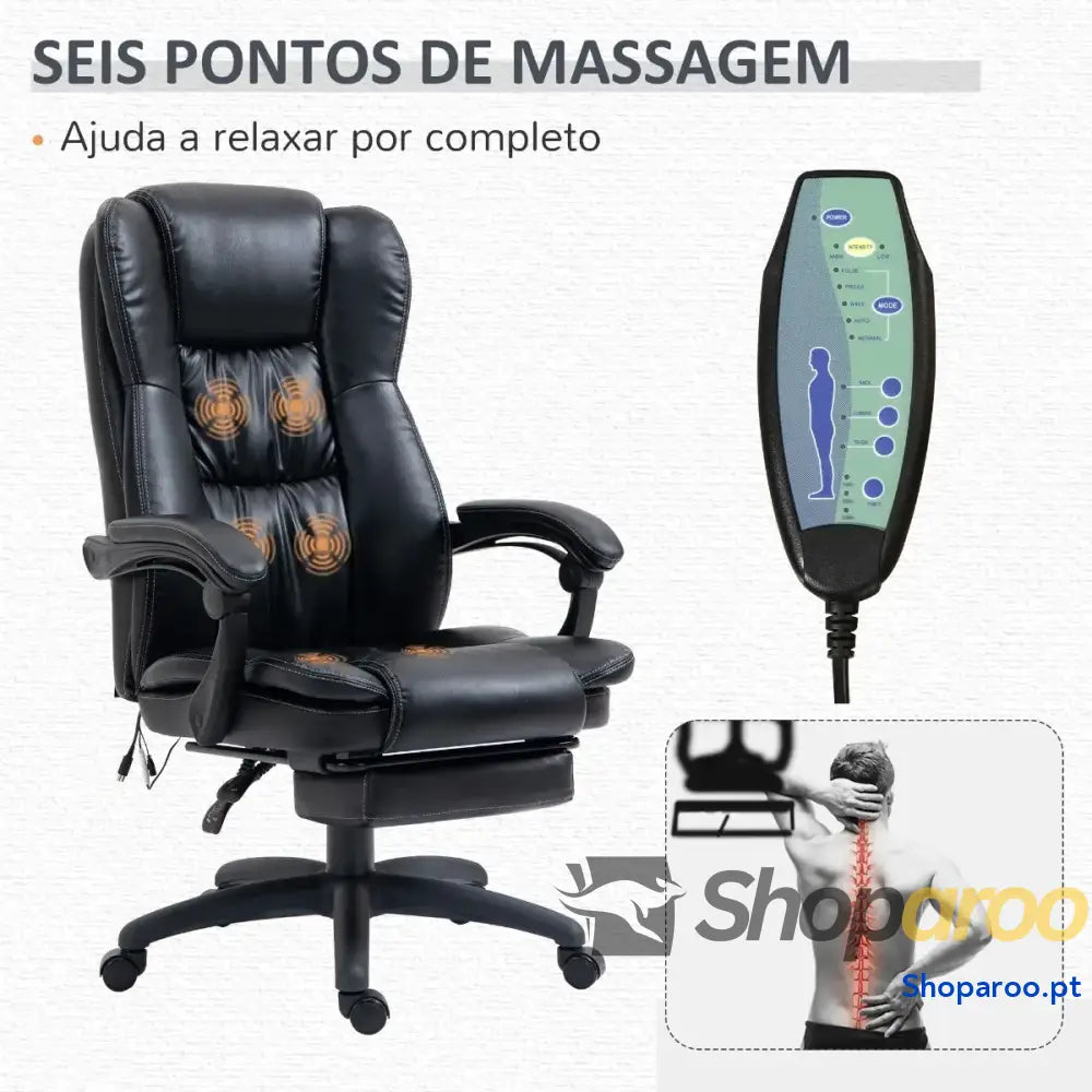 Cadeira de Escritório e Giratória com Altura Ajustável 6 Pontos Massagem Controle Remoto Apoio para os Pés Retrátil