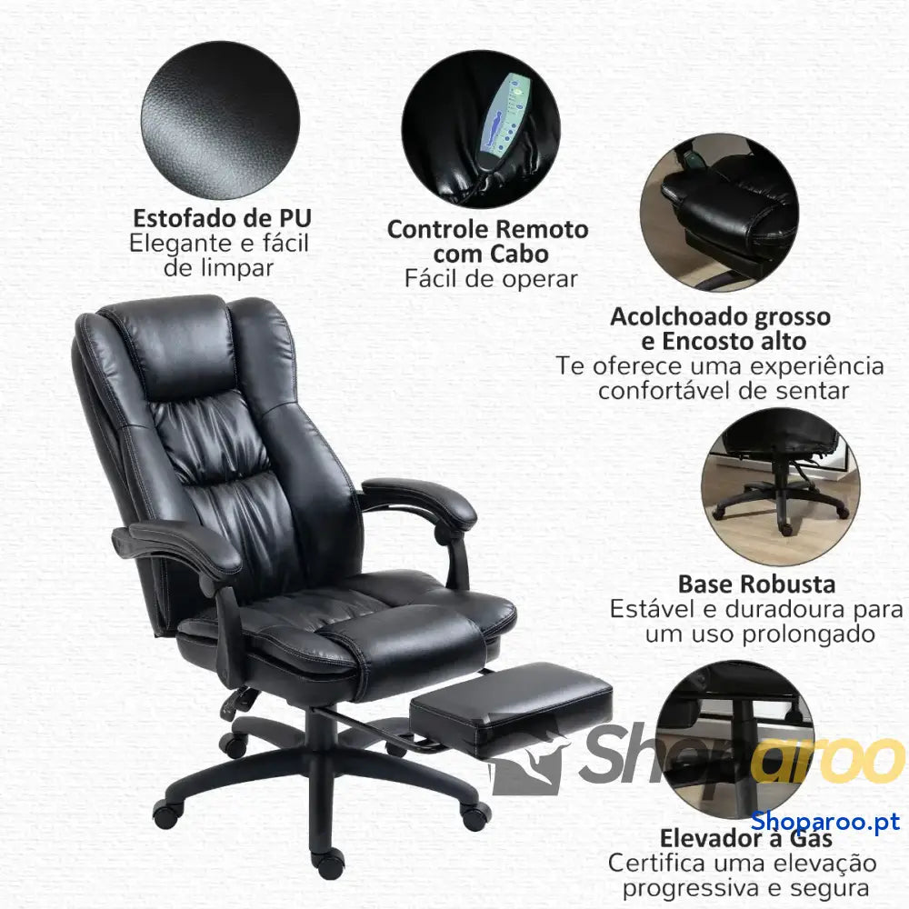 Cadeira de Escritório e Giratória com Altura Ajustável 6 Pontos Massagem Controle Remoto Apoio para os Pés Retrátil