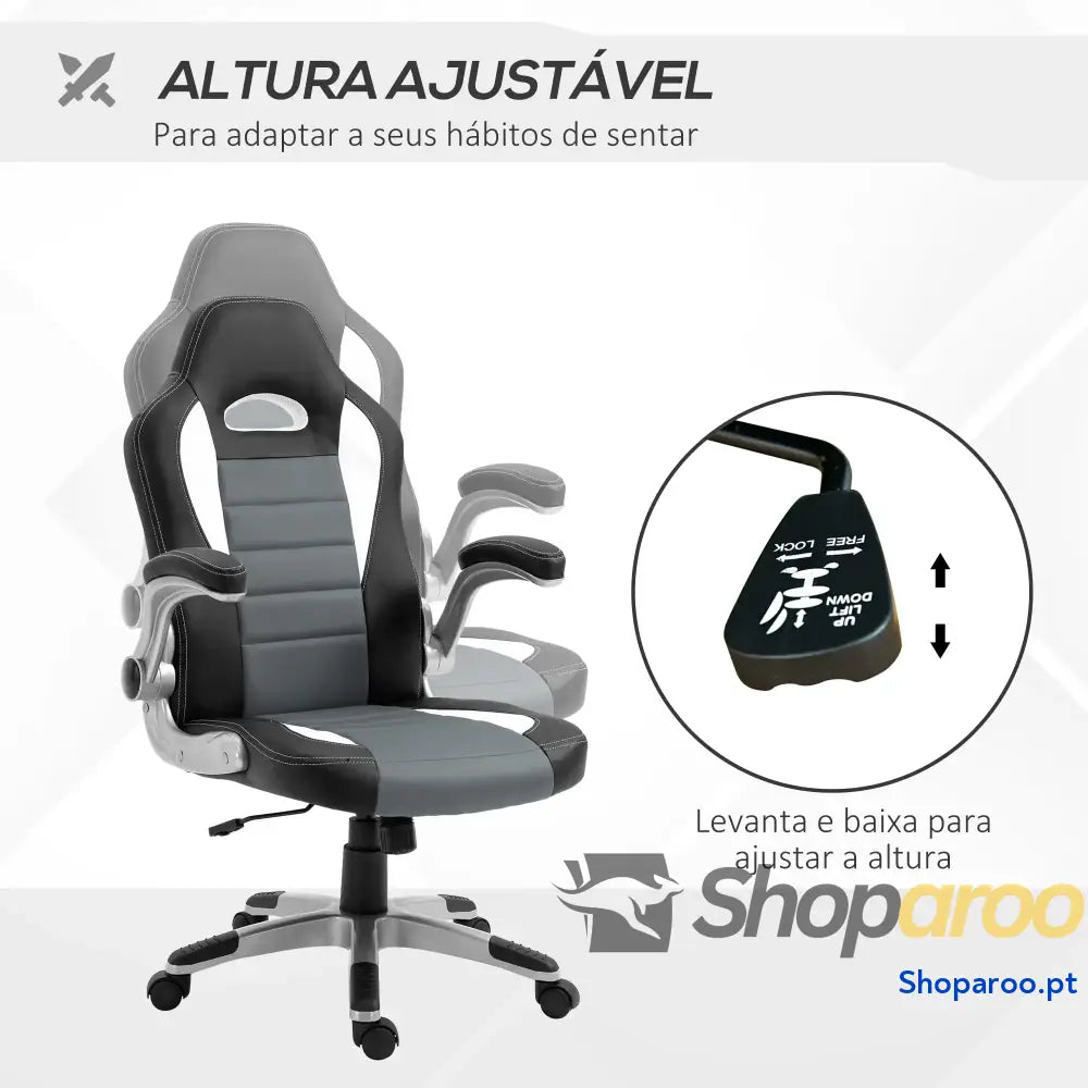 Cadeira de escritório ergonômica Altura ajustável apoio Braço dobrável com 5 rodas Carga 120 kg 65x69x112 122 cm cinza