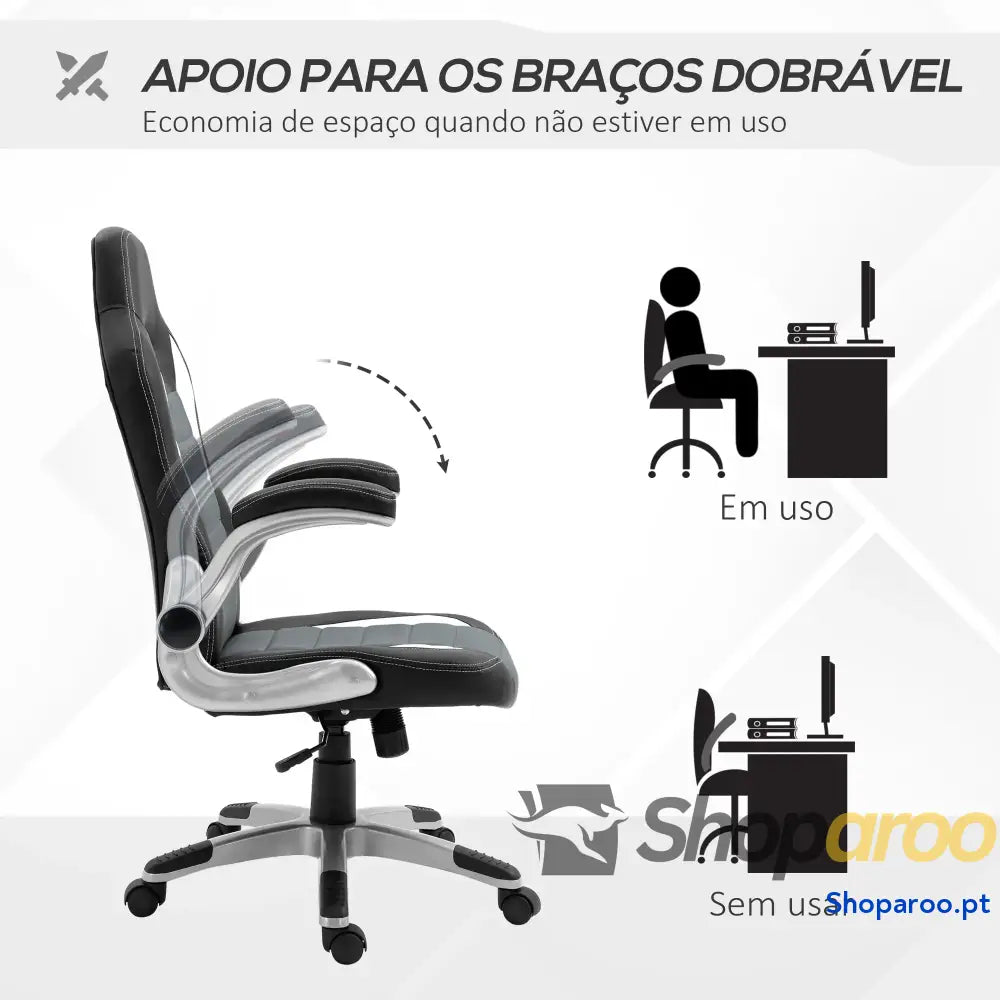 Cadeira de escritório ergonômica Altura ajustável apoio Braço dobrável com 5 rodas Carga 120 kg 65x69x112 122 cm cinza