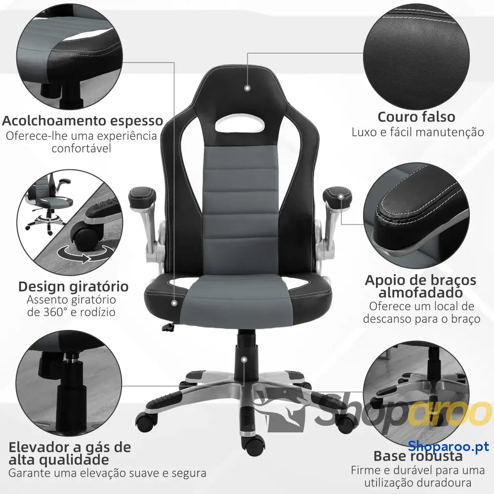 Cadeira de escritório ergonômica Altura ajustável apoio Braço dobrável com 5 rodas Carga 120 kg 65x69x112 122 cm cinza