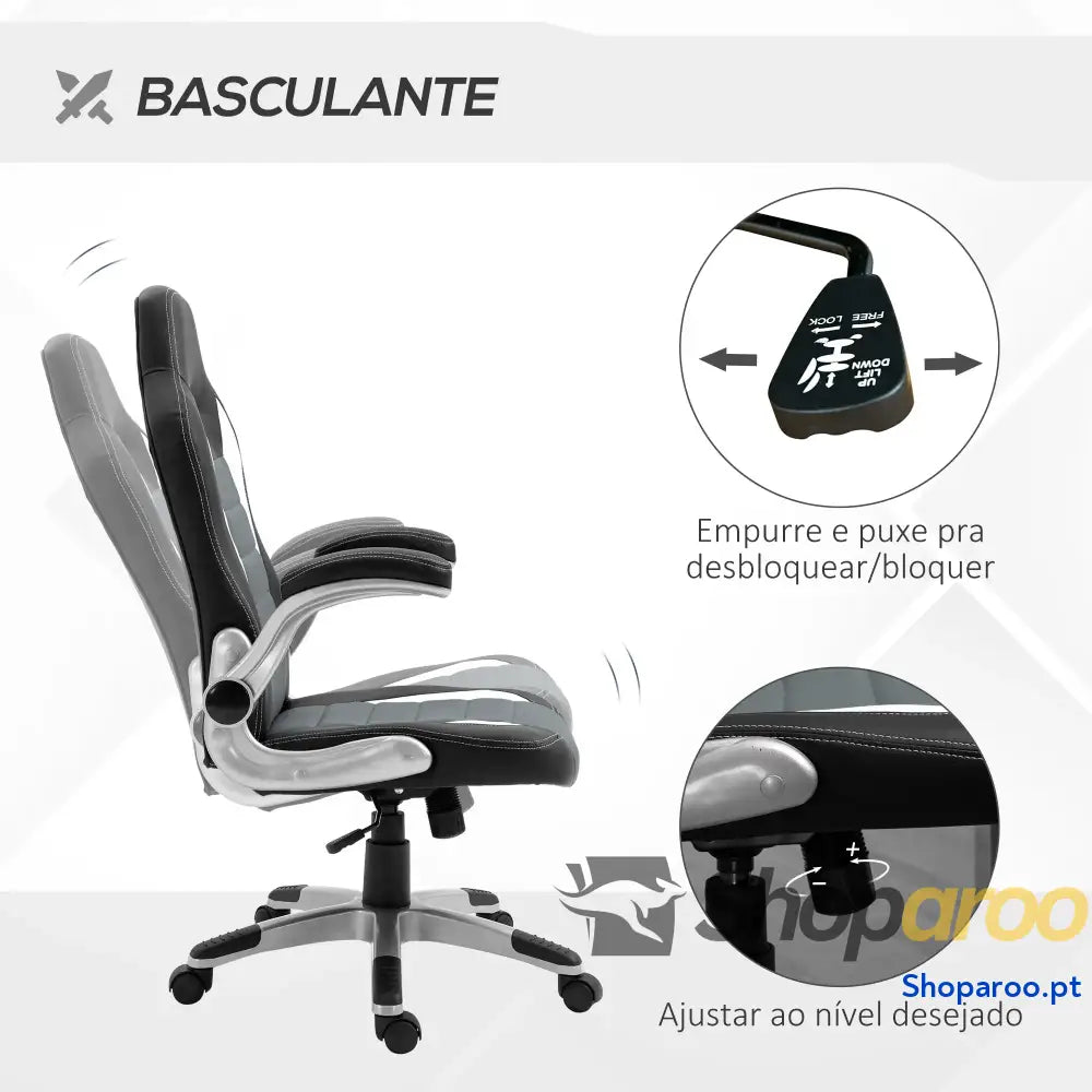 Cadeira de escritório ergonômica Altura ajustável apoio Braço dobrável com 5 rodas Carga 120 kg 65x69x112 122 cm cinza