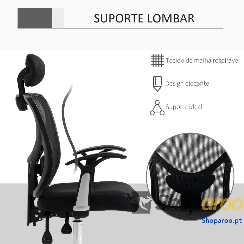 Cadeira de Escritório Ergonômica Giratória com Altura Ajustável Função Reclinável Apoio para a Cabeça e Suporte Lombar