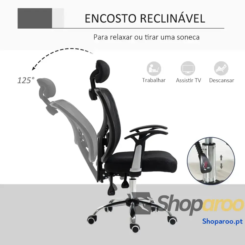 Cadeira de Escritório Ergonômica Giratória com Altura Ajustável Função Reclinável Apoio para a Cabeça e Suporte Lombar