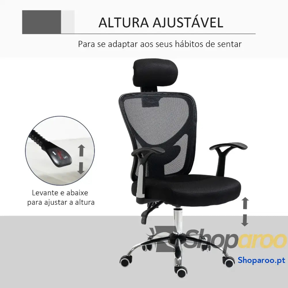 Cadeira de Escritório Ergonômica Giratória com Altura Ajustável Função Reclinável Apoio para a Cabeça e Suporte Lombar