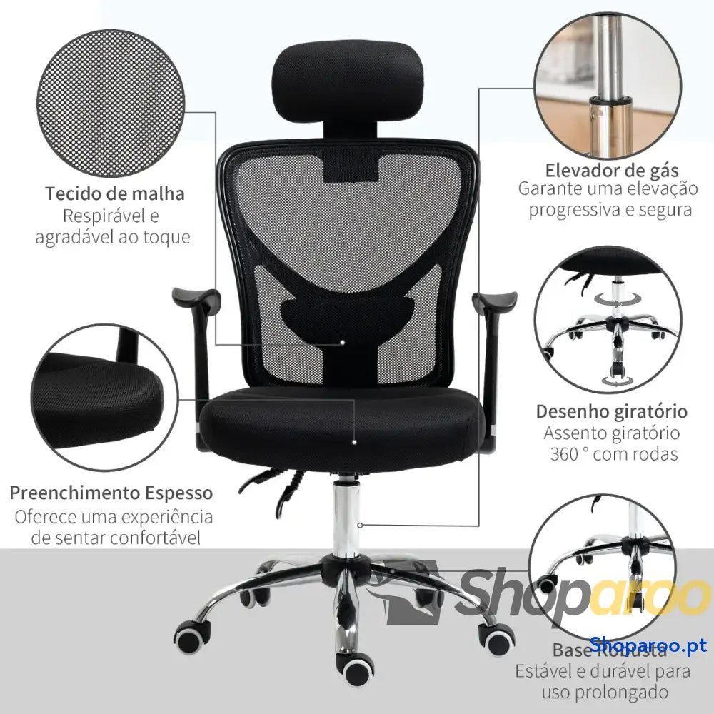 Cadeira de Escritório Ergonômica Giratória com Altura Ajustável Função Reclinável Apoio para a Cabeça e Suporte Lombar