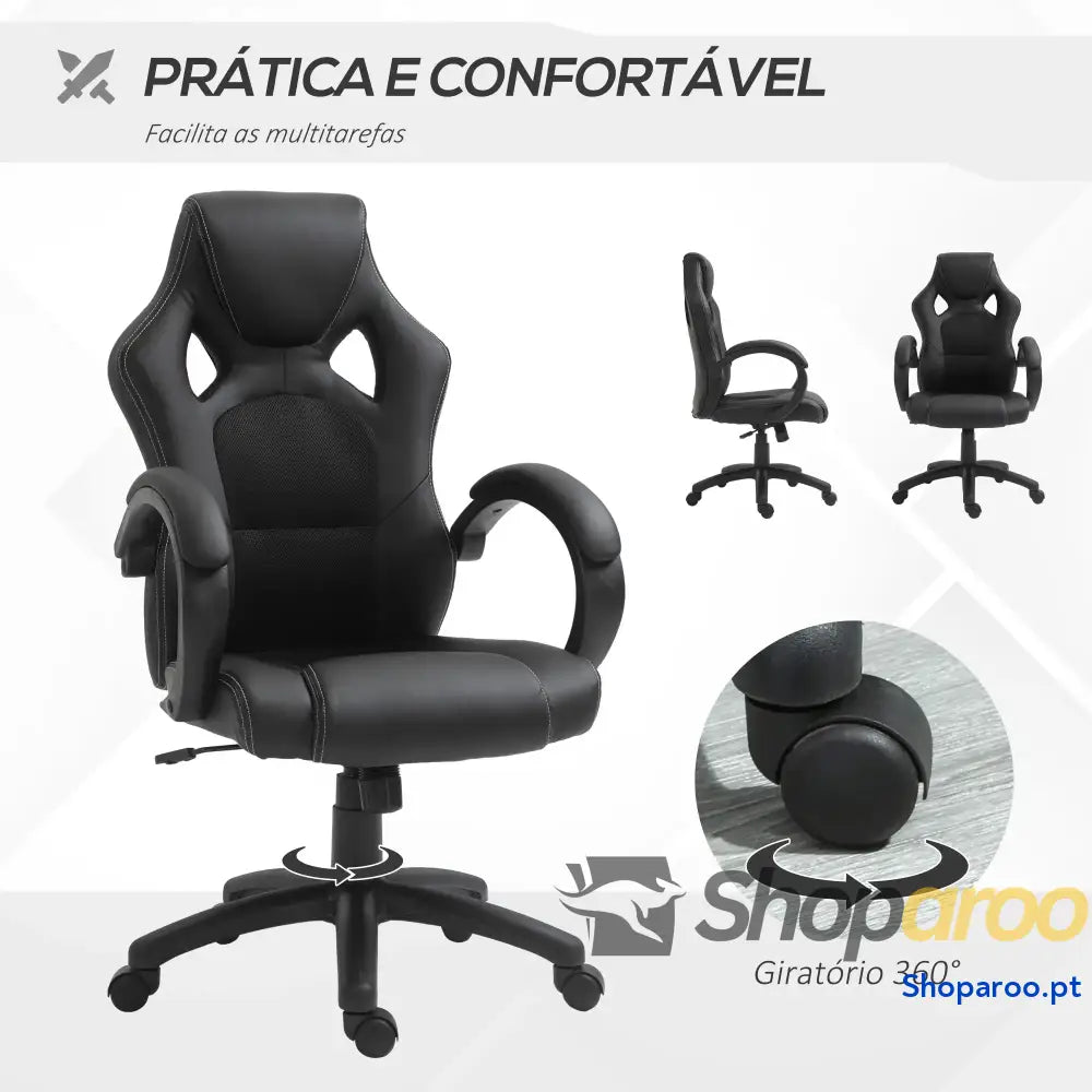 Cadeira de Escritório Ergonómica Cadeira de Escritório Giratória com Altura Ajustável Encosto Alto Estofado em Couro PU e Malha Transpirável 71x61x108-118cm Preto