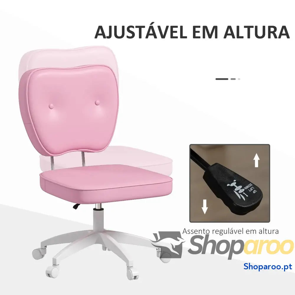 Cadeira de Escritório Estofada em PU com Altura Ajustável Sem Braços Estudo Dormitório 46x59x82-92 cm Rosa